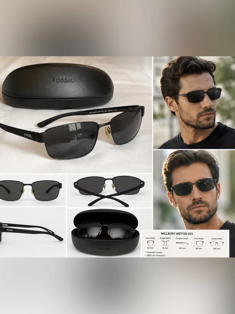 Fossil Black Polarized Sunglasses - Sleek Temple Branding